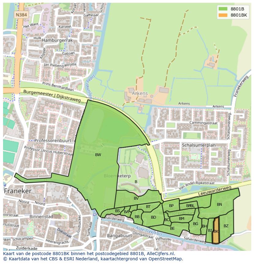 Afbeelding van het postcodegebied 8801 BK op de kaart.
