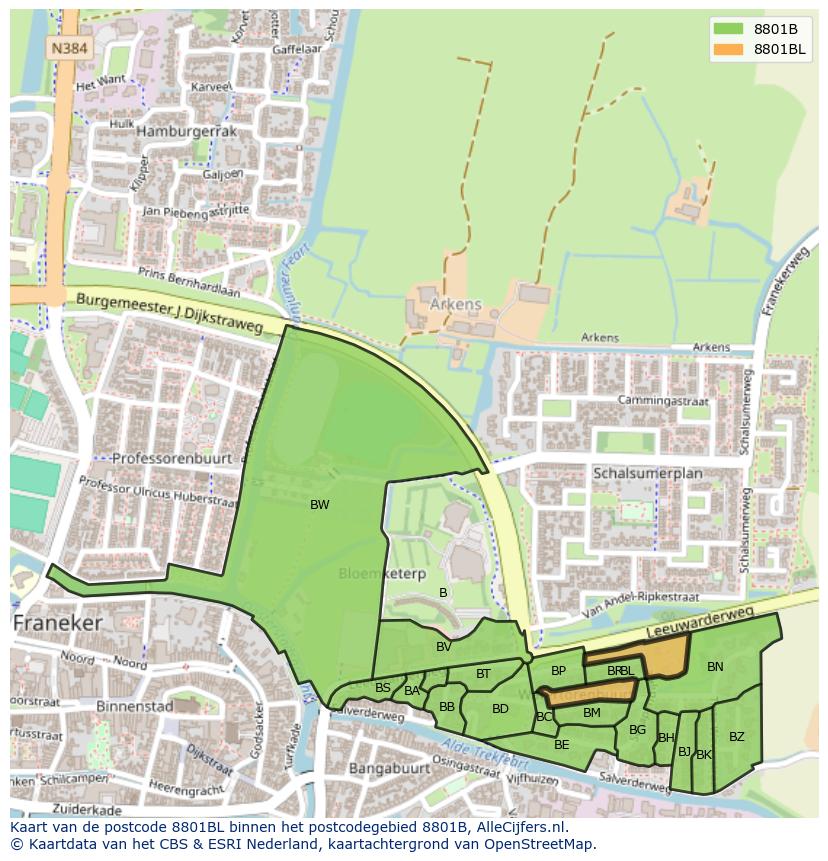 Afbeelding van het postcodegebied 8801 BL op de kaart.