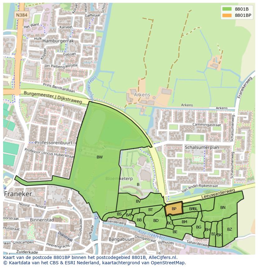 Afbeelding van het postcodegebied 8801 BP op de kaart.