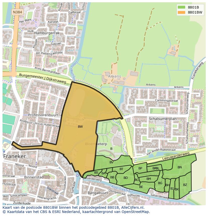 Afbeelding van het postcodegebied 8801 BW op de kaart.