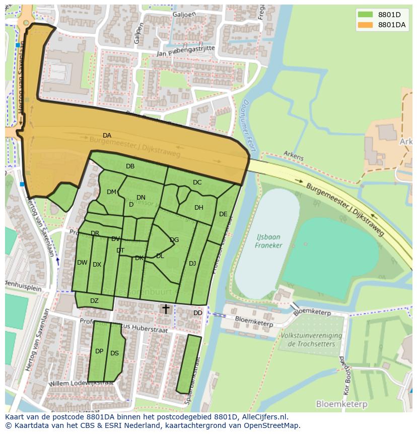 Afbeelding van het postcodegebied 8801 DA op de kaart.