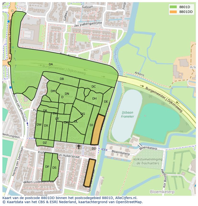Afbeelding van het postcodegebied 8801 DD op de kaart.