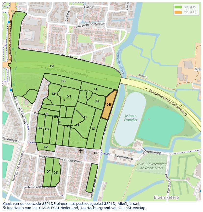 Afbeelding van het postcodegebied 8801 DE op de kaart.
