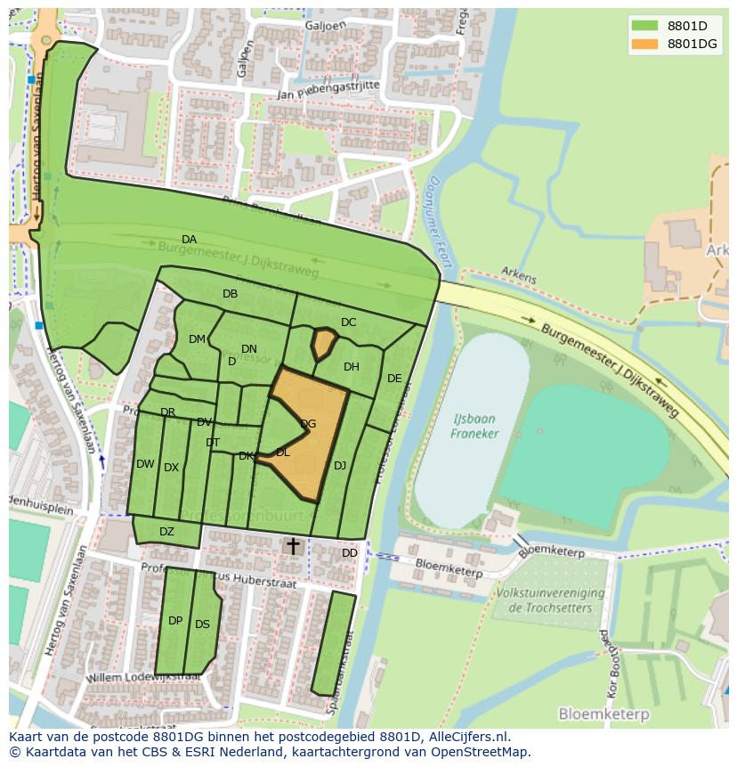 Afbeelding van het postcodegebied 8801 DG op de kaart.