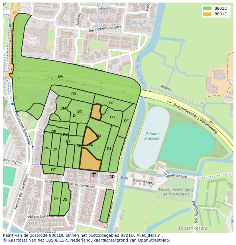 Afbeelding van het postcodegebied 8801 DL op de kaart.