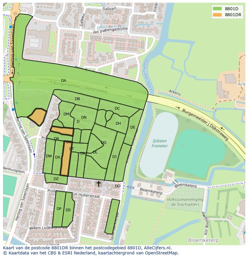 Afbeelding van het postcodegebied 8801 DR op de kaart.
