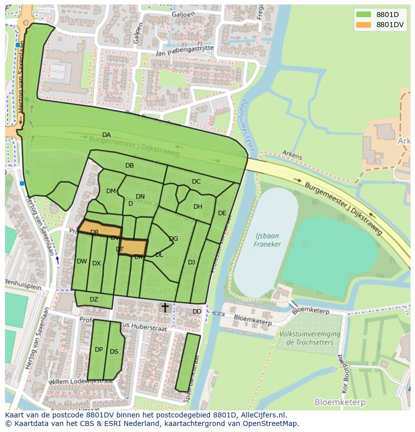 Afbeelding van het postcodegebied 8801 DV op de kaart.