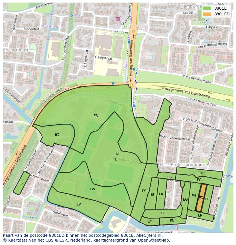 Afbeelding van het postcodegebied 8801 ED op de kaart.