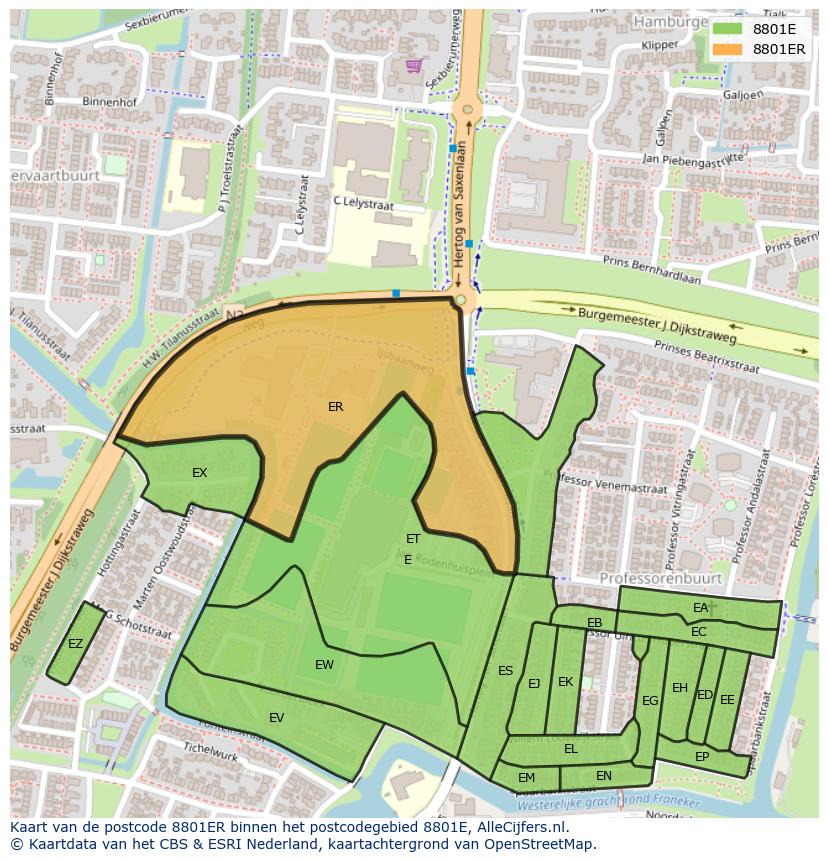 Afbeelding van het postcodegebied 8801 ER op de kaart.