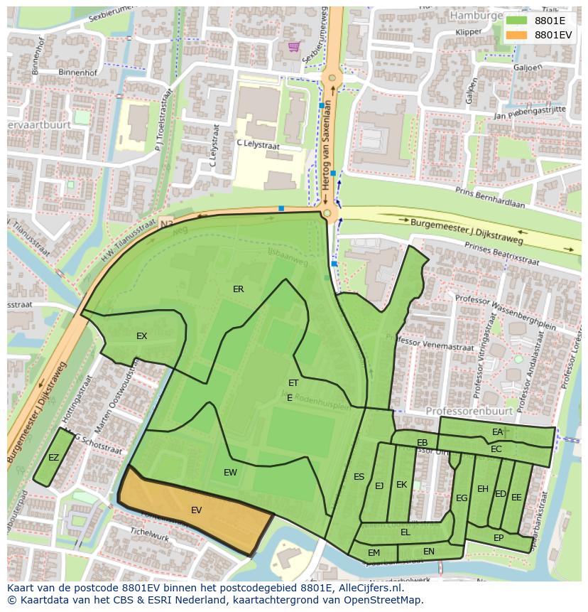 Afbeelding van het postcodegebied 8801 EV op de kaart.