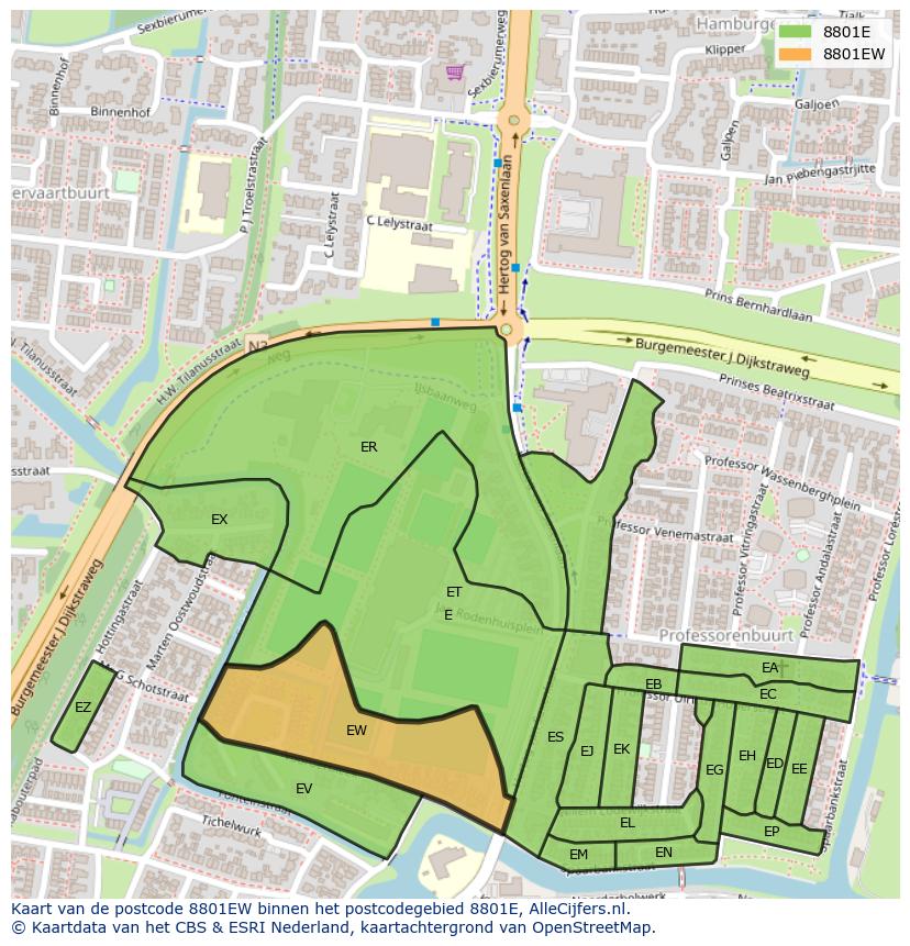 Afbeelding van het postcodegebied 8801 EW op de kaart.