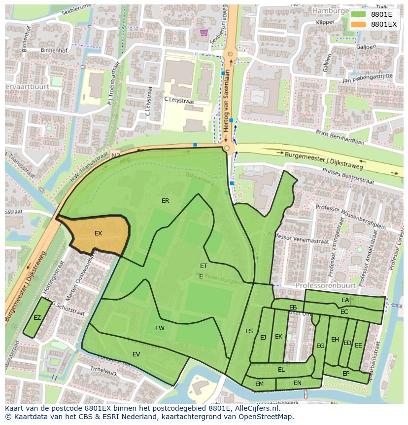 Afbeelding van het postcodegebied 8801 EX op de kaart.