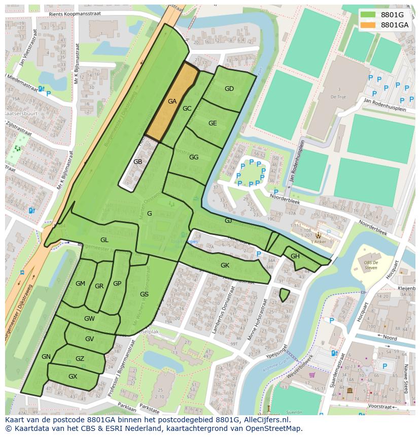 Afbeelding van het postcodegebied 8801 GA op de kaart.
