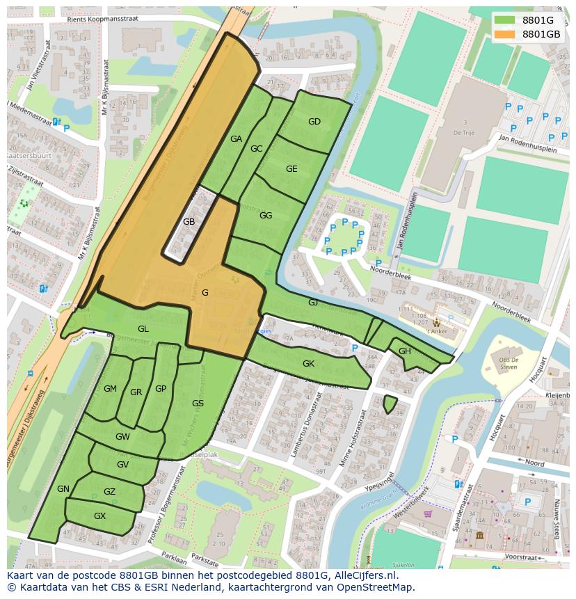 Afbeelding van het postcodegebied 8801 GB op de kaart.