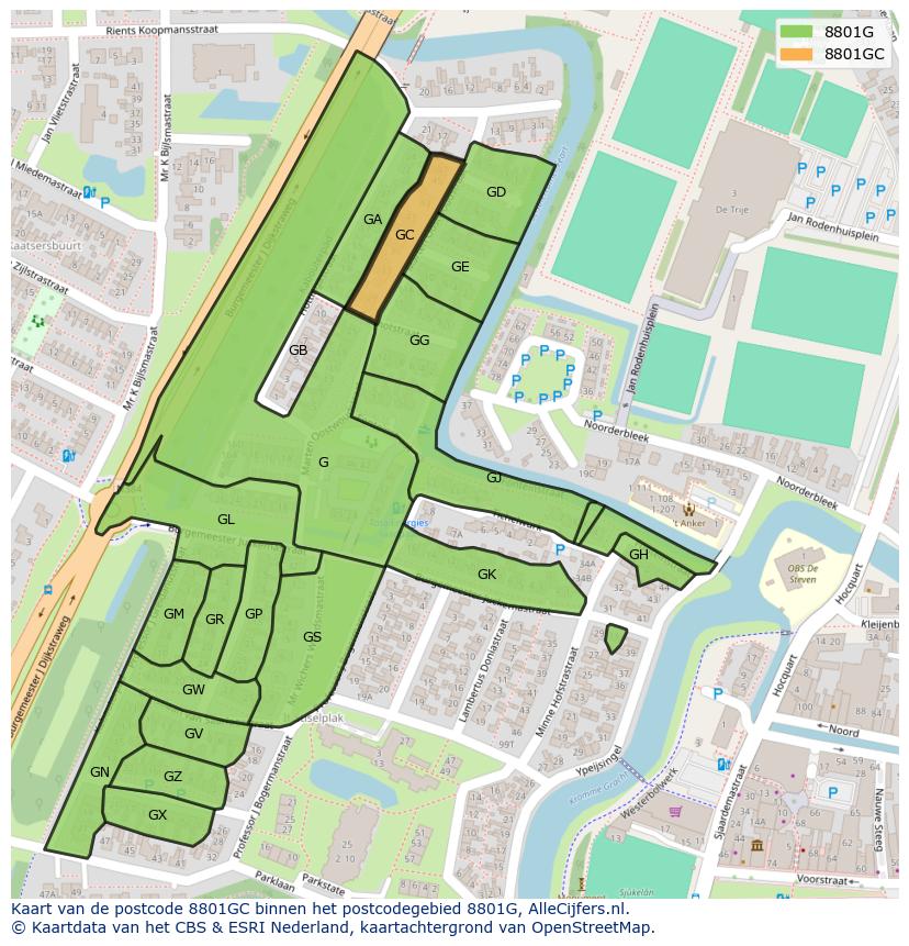 Afbeelding van het postcodegebied 8801 GC op de kaart.