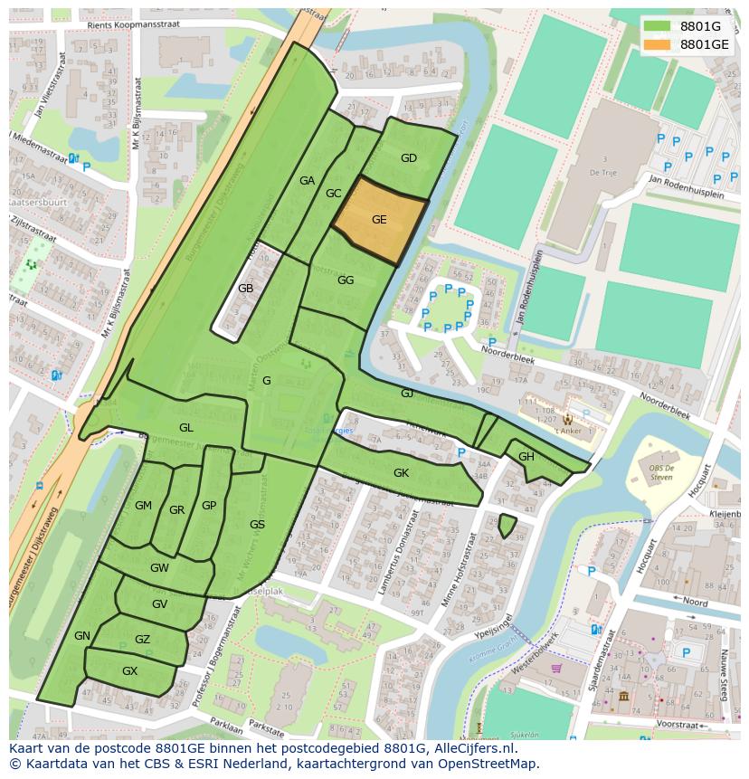 Afbeelding van het postcodegebied 8801 GE op de kaart.
