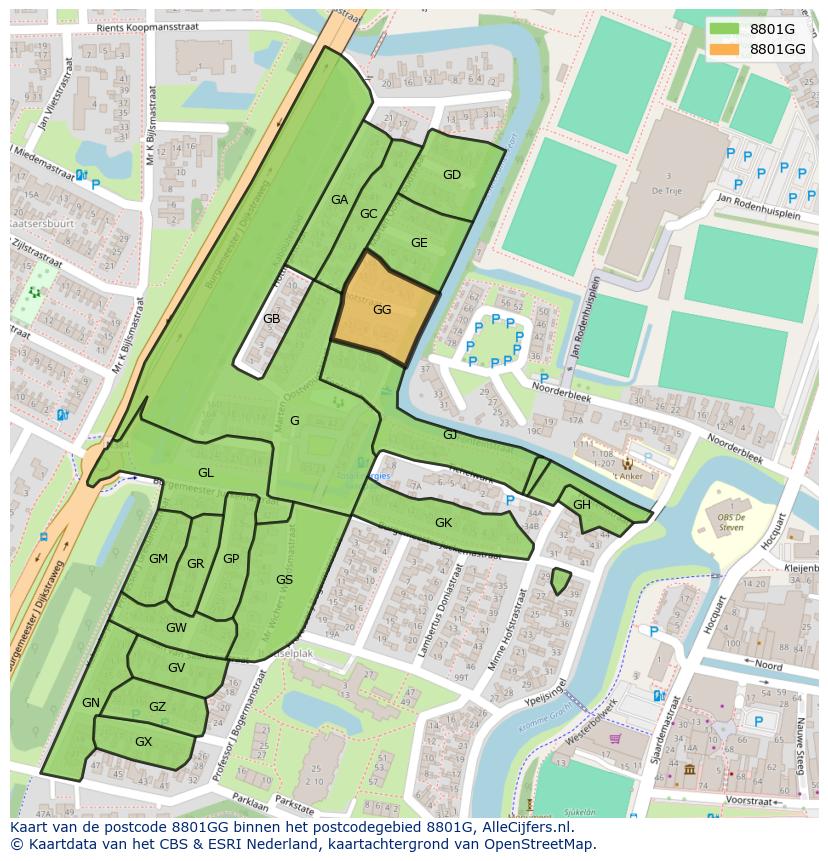 Afbeelding van het postcodegebied 8801 GG op de kaart.