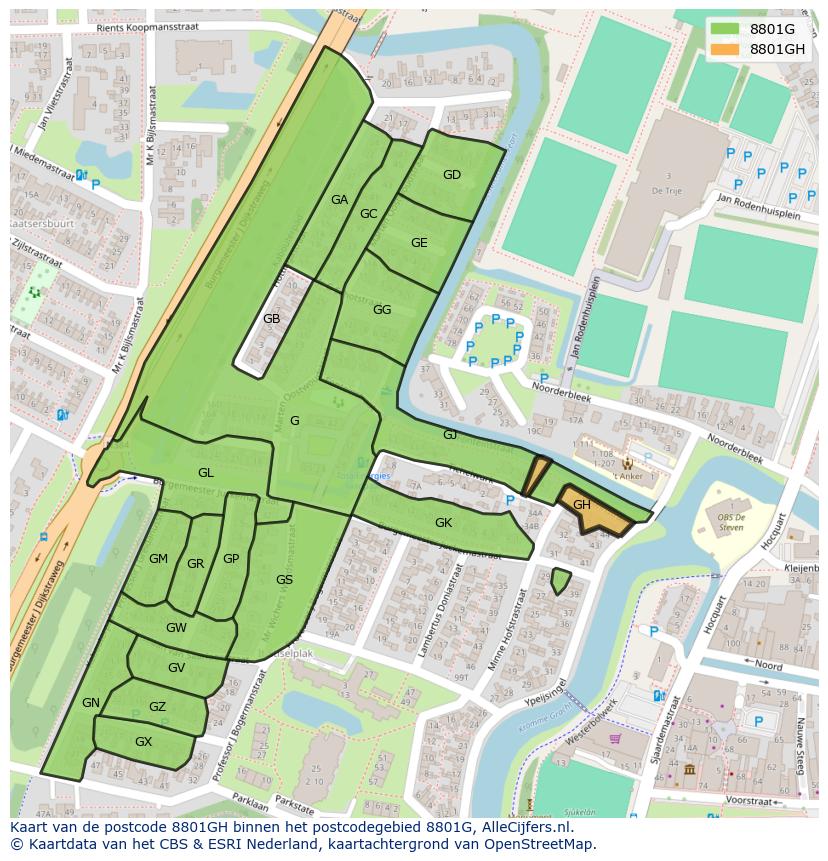 Afbeelding van het postcodegebied 8801 GH op de kaart.