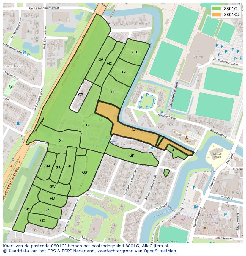 Afbeelding van het postcodegebied 8801 GJ op de kaart.