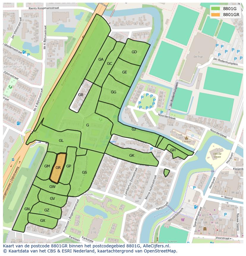 Afbeelding van het postcodegebied 8801 GR op de kaart.
