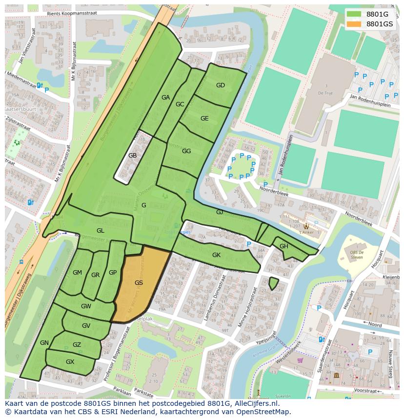 Afbeelding van het postcodegebied 8801 GS op de kaart.