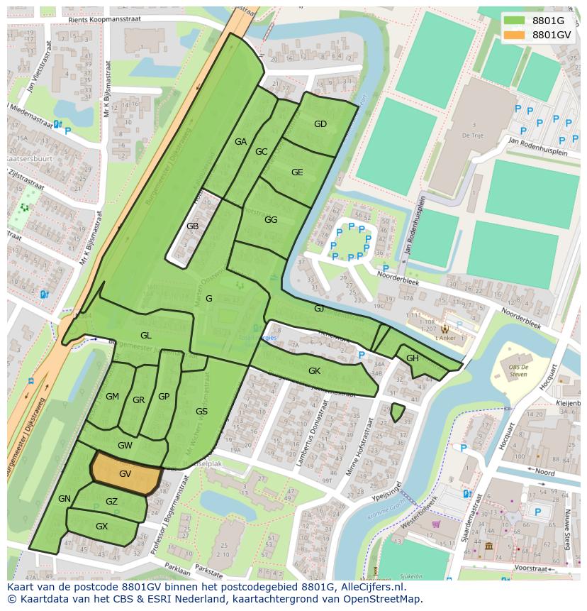 Afbeelding van het postcodegebied 8801 GV op de kaart.