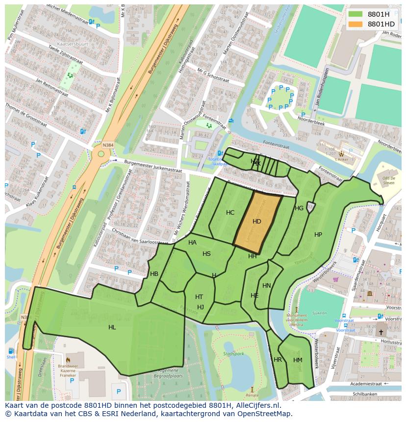 Afbeelding van het postcodegebied 8801 HD op de kaart.