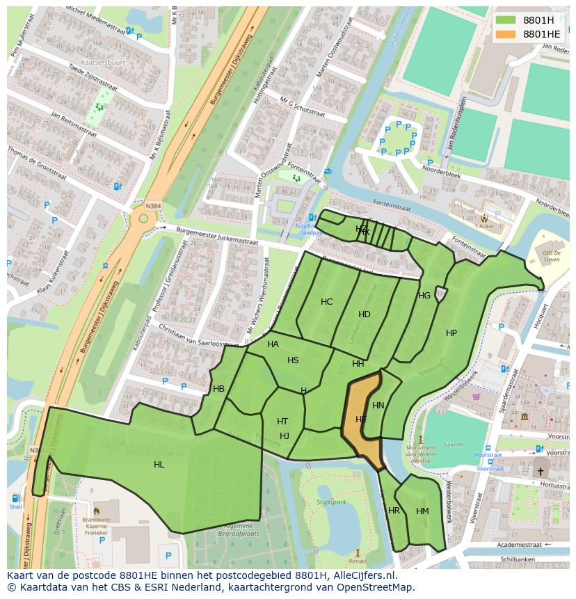 Afbeelding van het postcodegebied 8801 HE op de kaart.