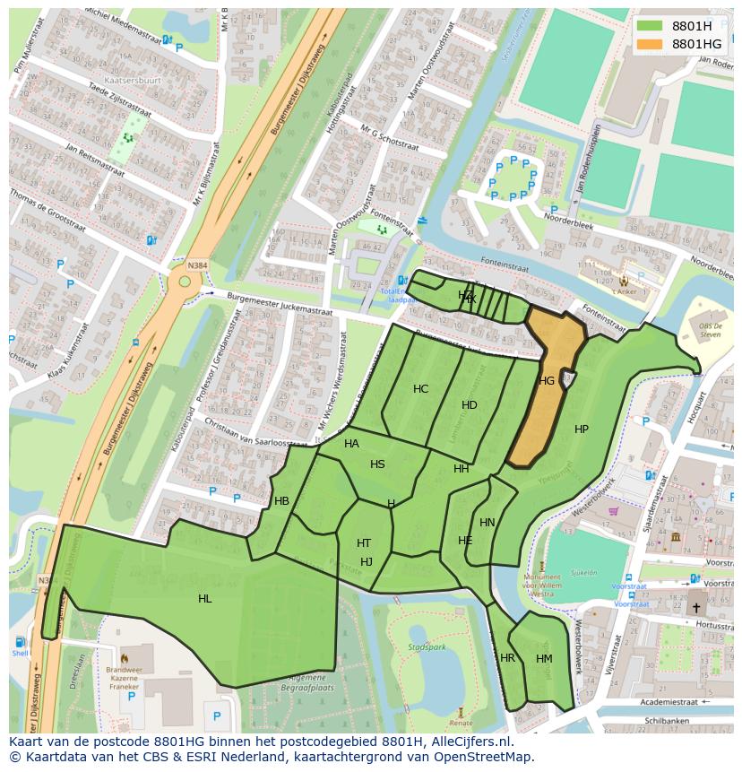Afbeelding van het postcodegebied 8801 HG op de kaart.