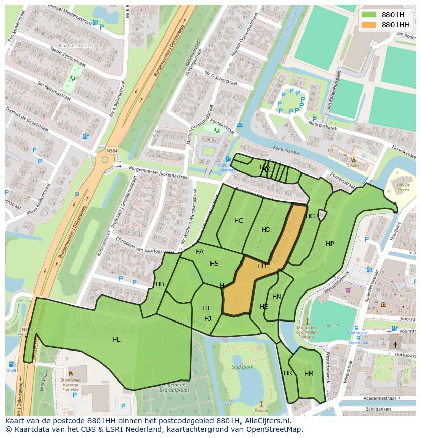 Afbeelding van het postcodegebied 8801 HH op de kaart.