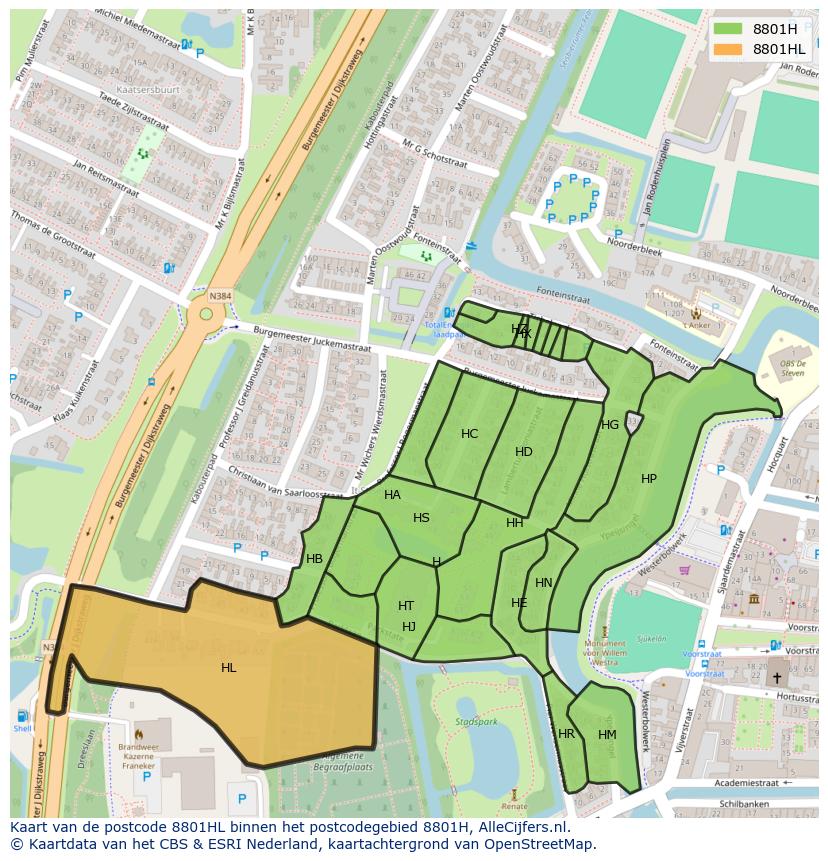 Afbeelding van het postcodegebied 8801 HL op de kaart.