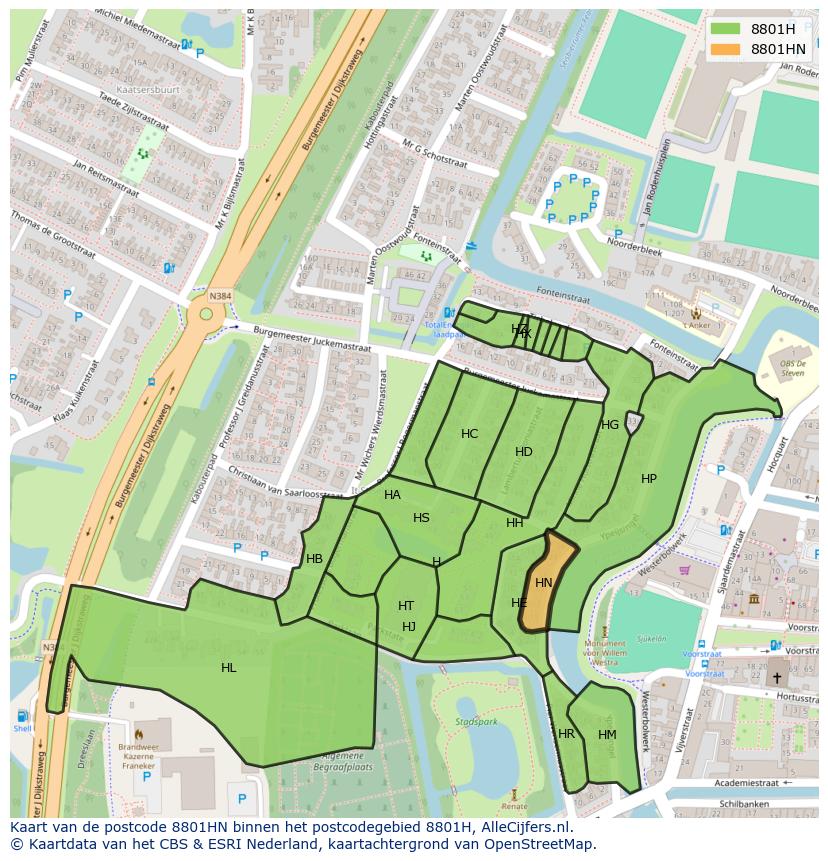 Afbeelding van het postcodegebied 8801 HN op de kaart.
