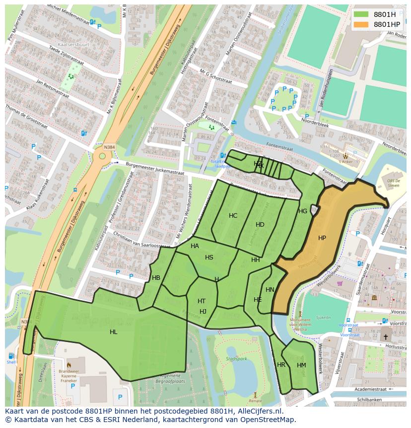 Afbeelding van het postcodegebied 8801 HP op de kaart.
