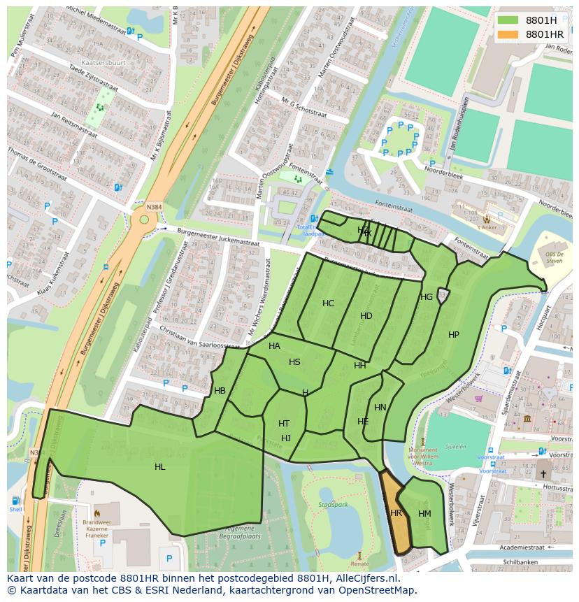Afbeelding van het postcodegebied 8801 HR op de kaart.