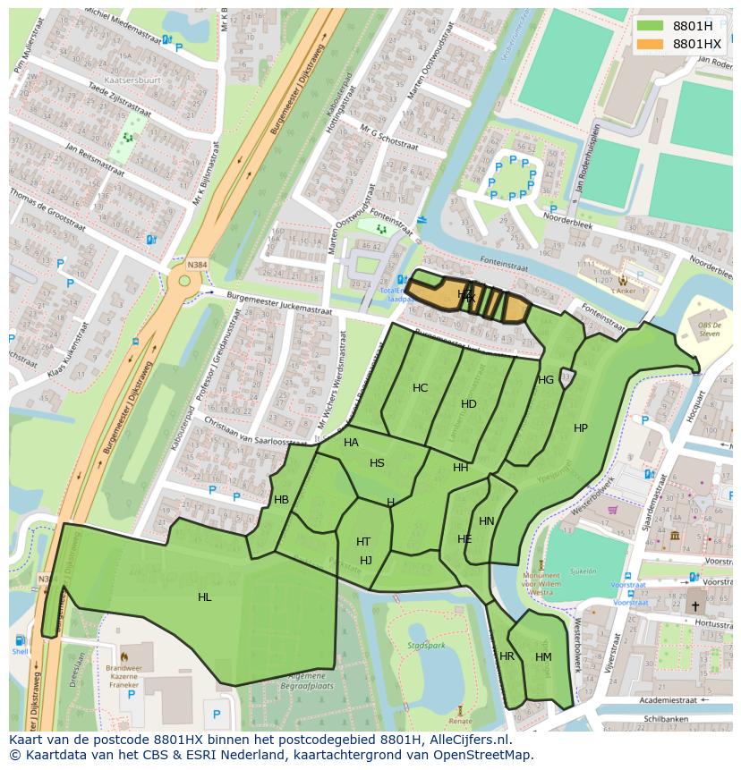 Afbeelding van het postcodegebied 8801 HX op de kaart.