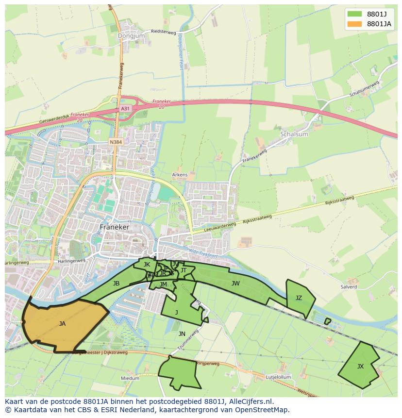 Afbeelding van het postcodegebied 8801 JA op de kaart.