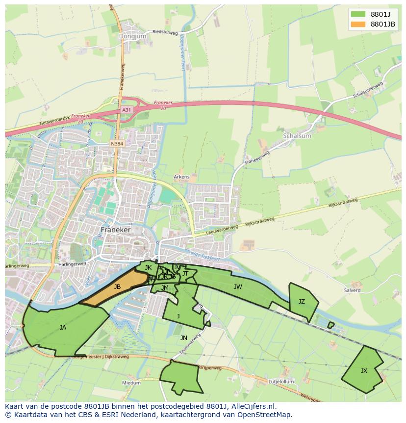 Afbeelding van het postcodegebied 8801 JB op de kaart.