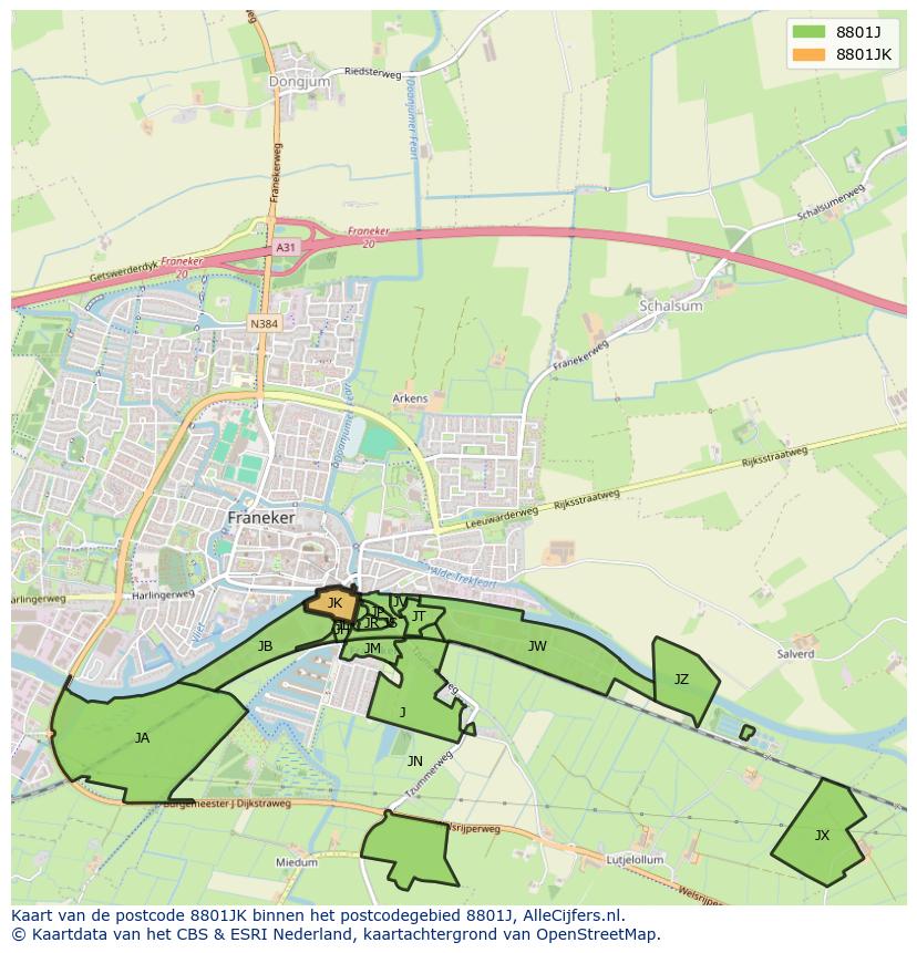 Afbeelding van het postcodegebied 8801 JK op de kaart.