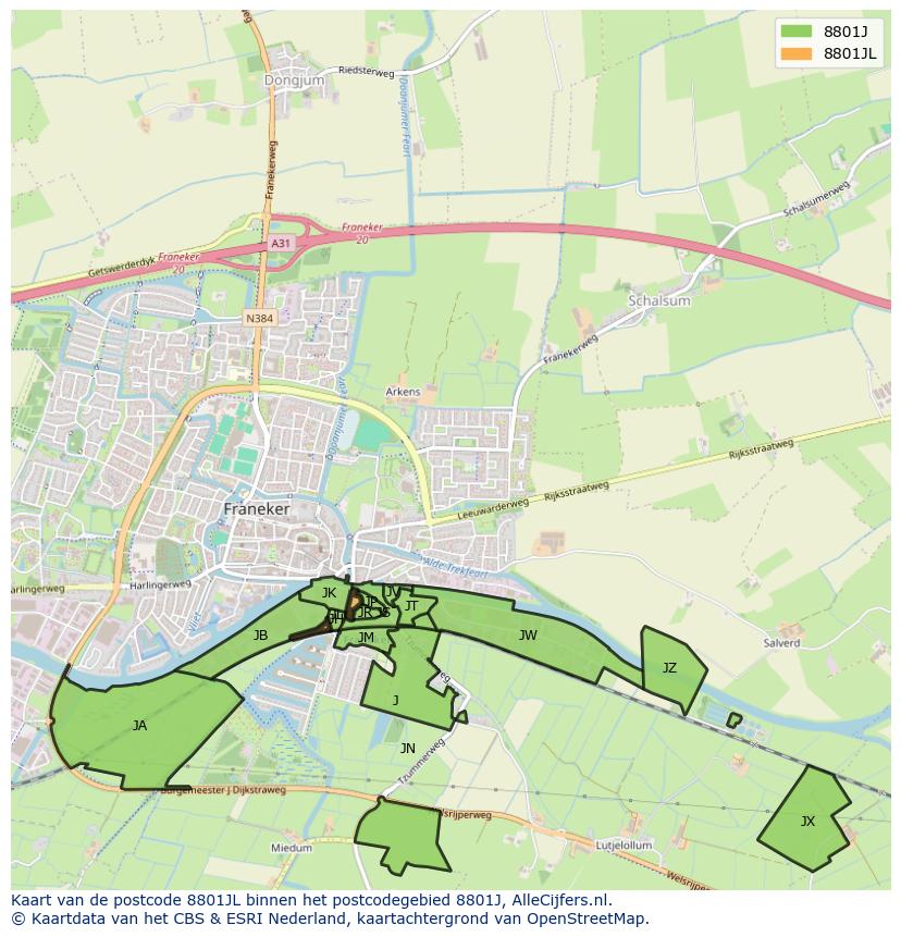 Afbeelding van het postcodegebied 8801 JL op de kaart.