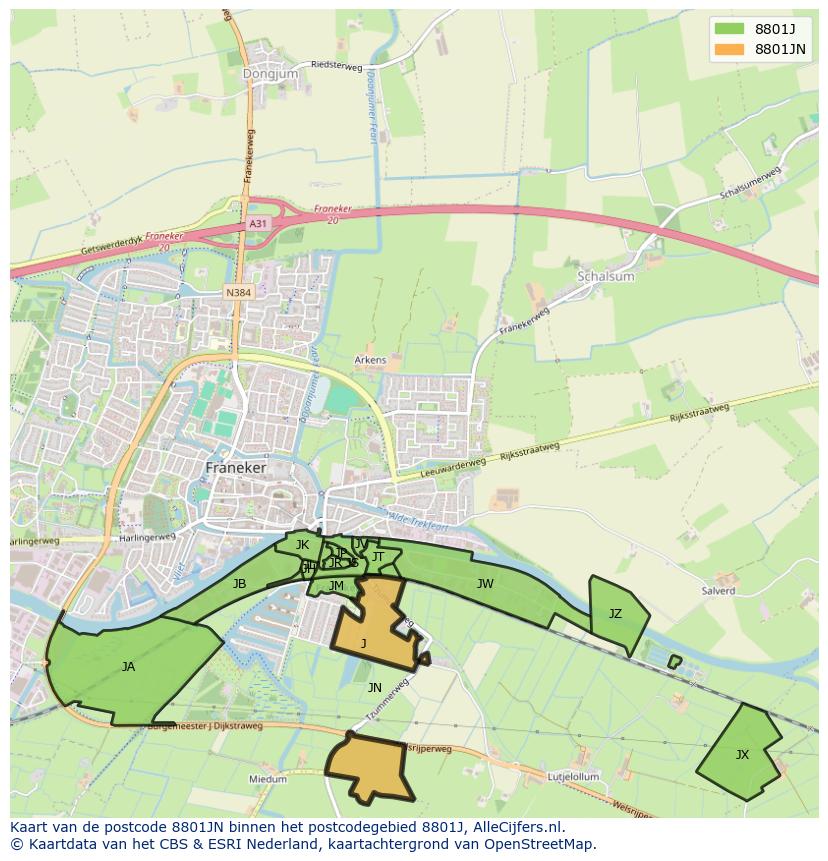 Afbeelding van het postcodegebied 8801 JN op de kaart.