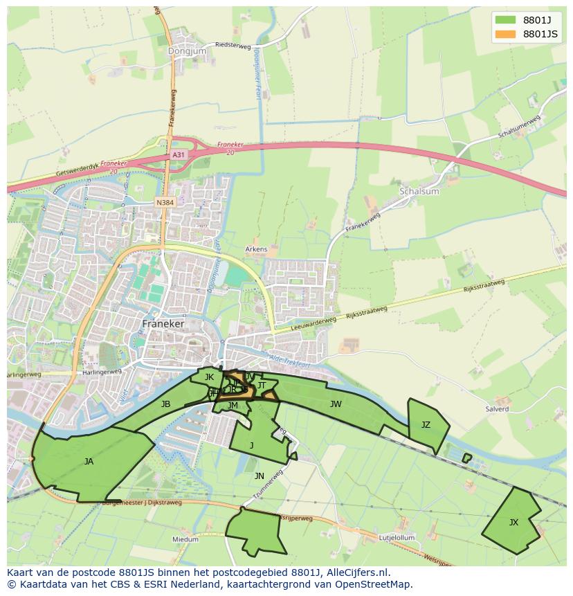 Afbeelding van het postcodegebied 8801 JS op de kaart.