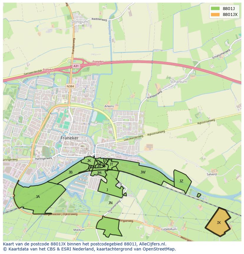 Afbeelding van het postcodegebied 8801 JX op de kaart.