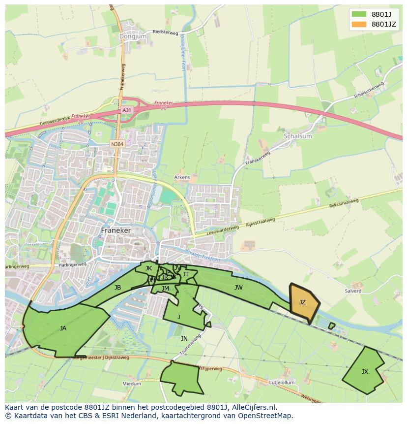 Afbeelding van het postcodegebied 8801 JZ op de kaart.