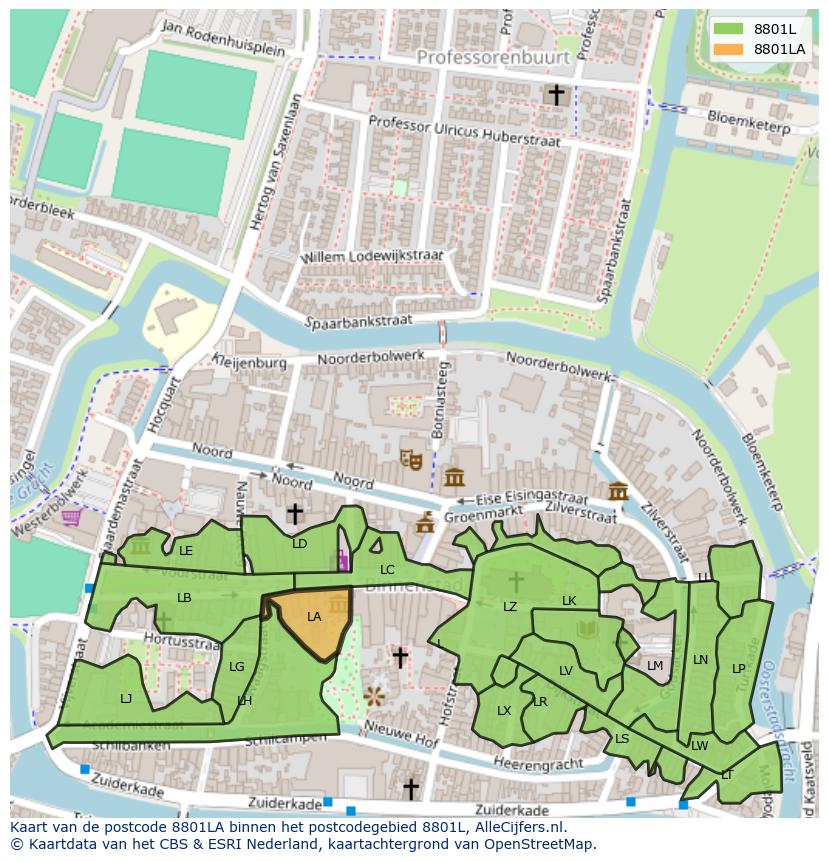 Afbeelding van het postcodegebied 8801 LA op de kaart.