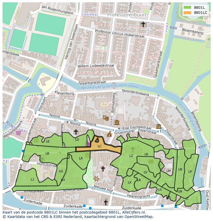 Afbeelding van het postcodegebied 8801 LC op de kaart.