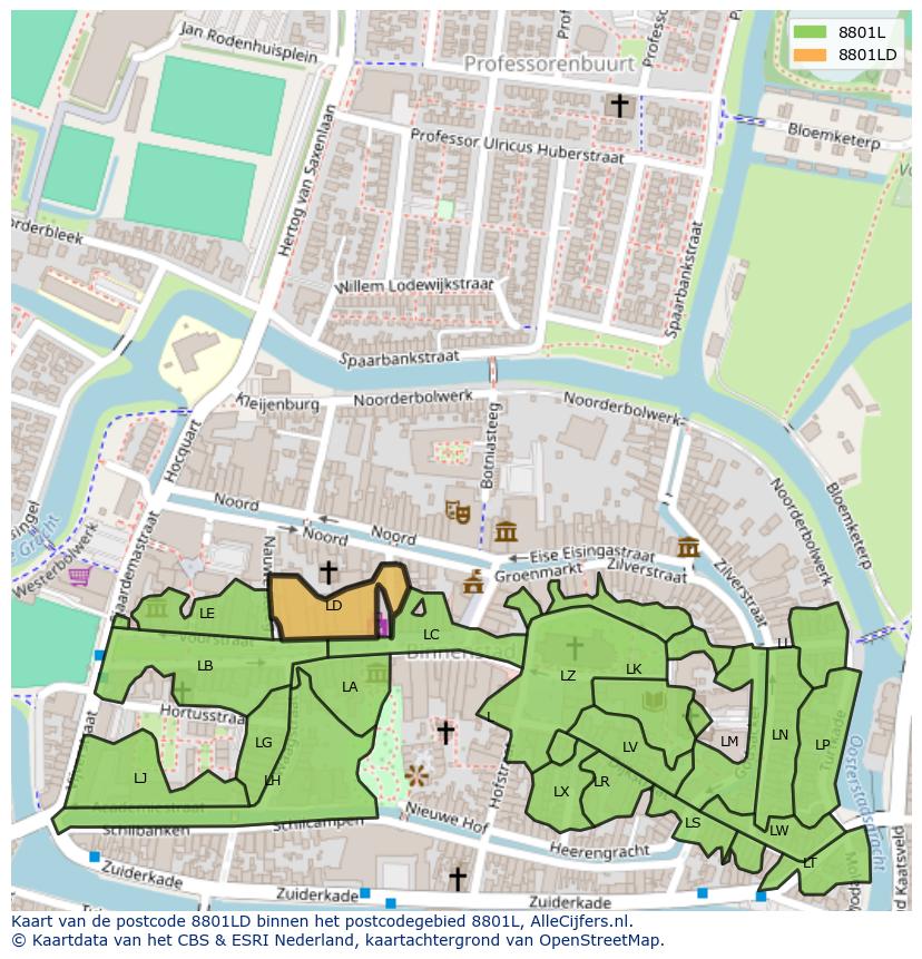 Afbeelding van het postcodegebied 8801 LD op de kaart.