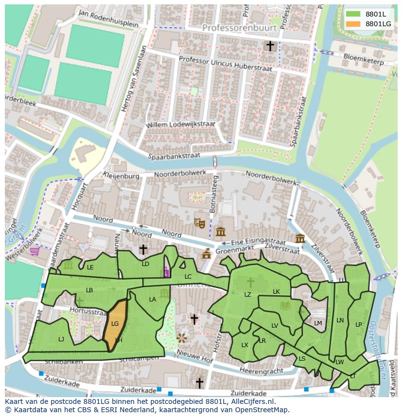 Afbeelding van het postcodegebied 8801 LG op de kaart.