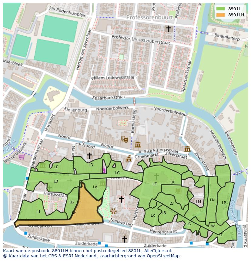 Afbeelding van het postcodegebied 8801 LH op de kaart.