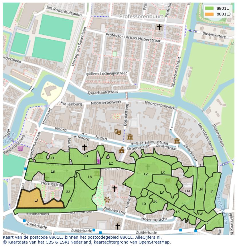Afbeelding van het postcodegebied 8801 LJ op de kaart.
