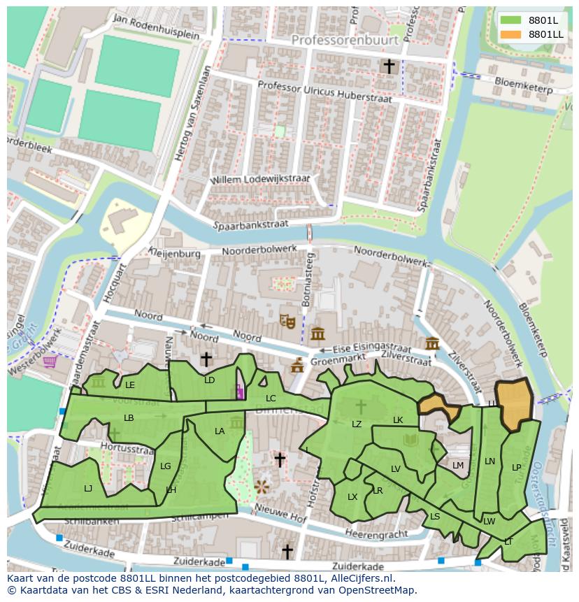 Afbeelding van het postcodegebied 8801 LL op de kaart.